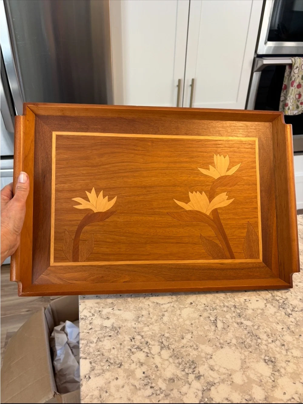 Wood Inlay Serving Tray with Floral Motif - Brown